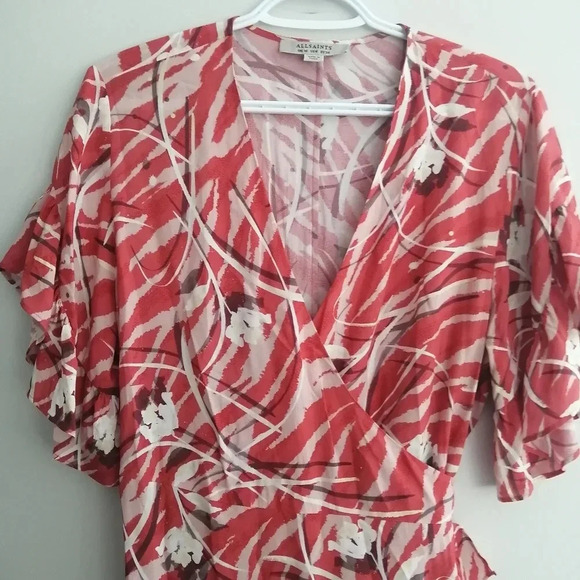 All Saints Marlow Kazuna Wrap Dress Japanese Print Ruffle Trim Waist Tie Belt 6 - Picture 5 of 16